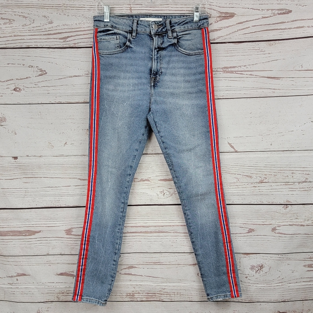 Zara 90s inspired red/blue/silver striped high rise skinny jeans